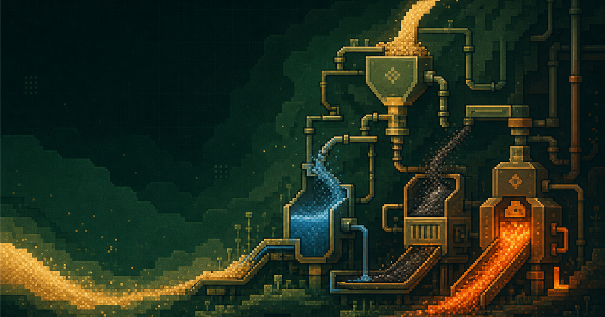 Original pixel-flow artwork showing sand, water, gold and factory processing lanes